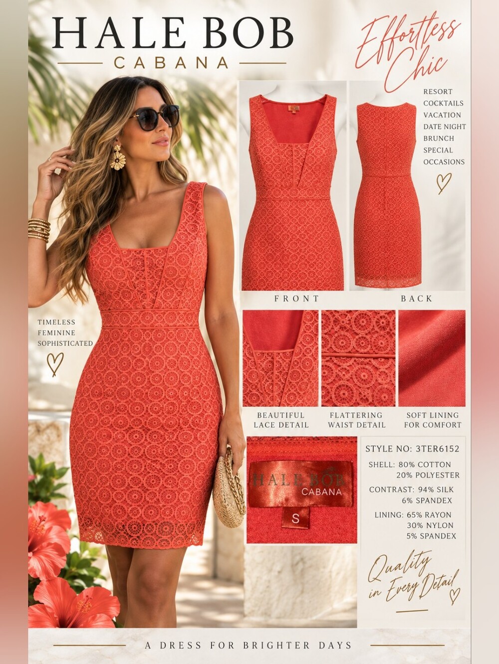 HALE BOB CABANA Coral Crochet Lace Silk Trim Dress Size Small